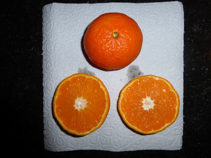 Voorbeeld van sappige citrus . Dunne schil, voelt zwaar aan en is mooi oranje gekleurd. 