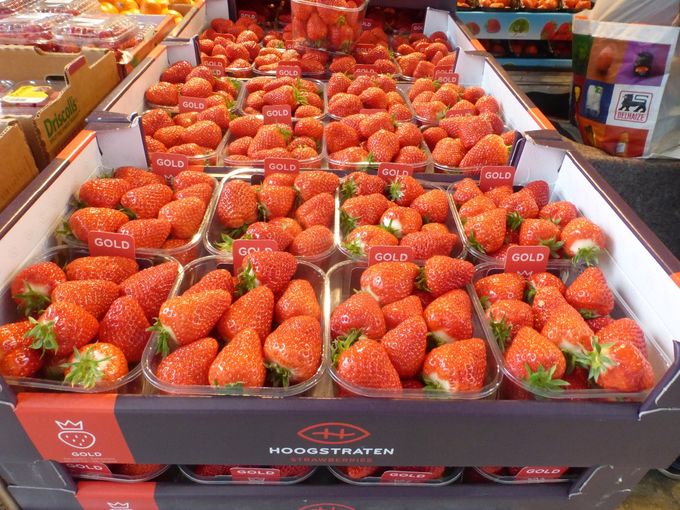 Mooie verpakking van Hoogstraten voor hun aardbeien. Gezien op de markt in Antwerpen wk11/16.